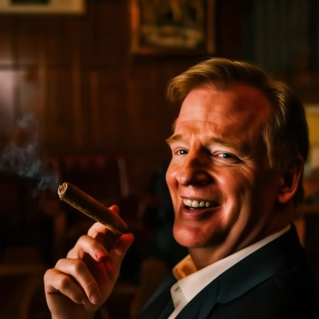 Roger Goodell smoking a cigar and smiling