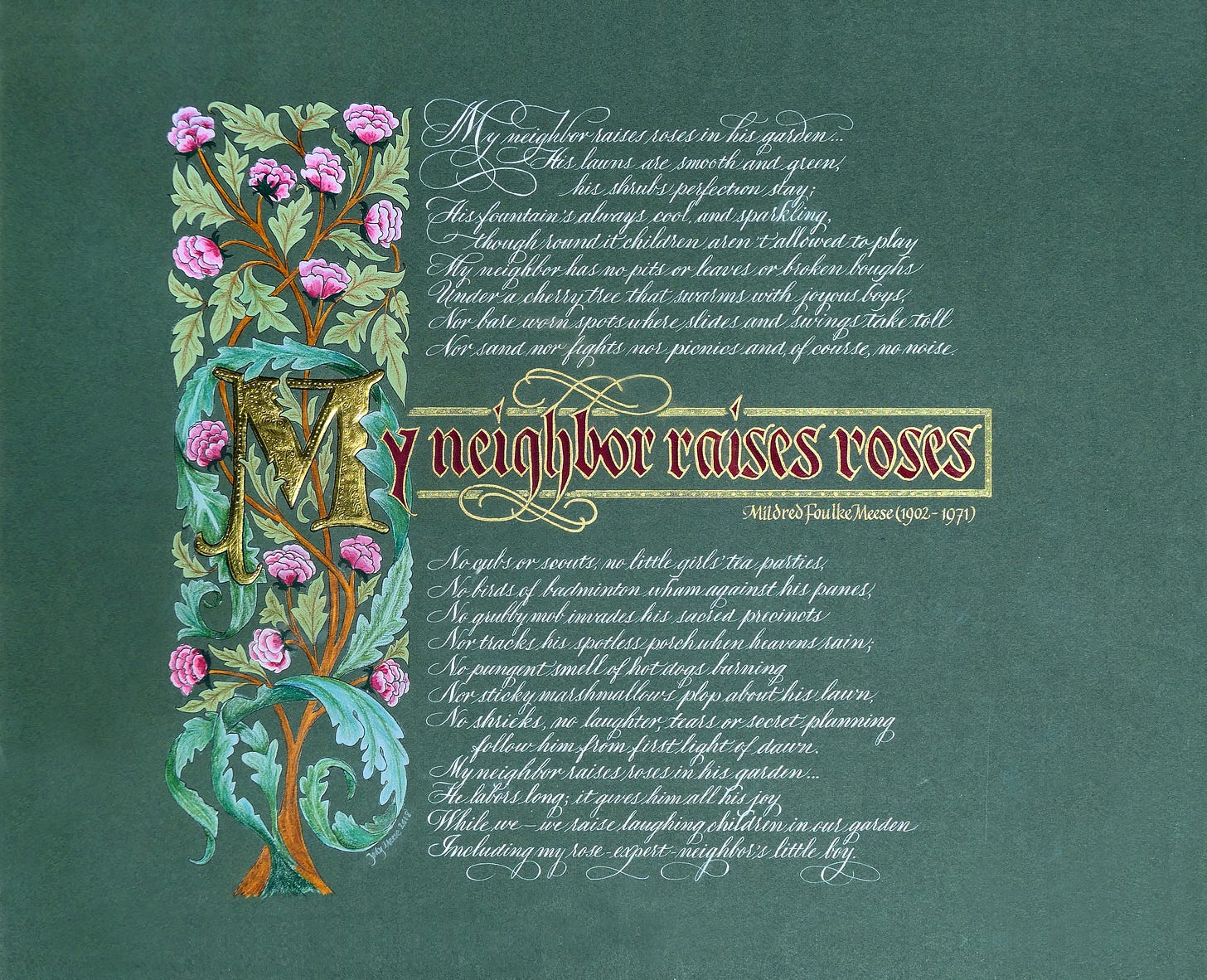 A decorative calligraphy piece by Jody Meese, blending pointed-pen and broad-nib styles. 