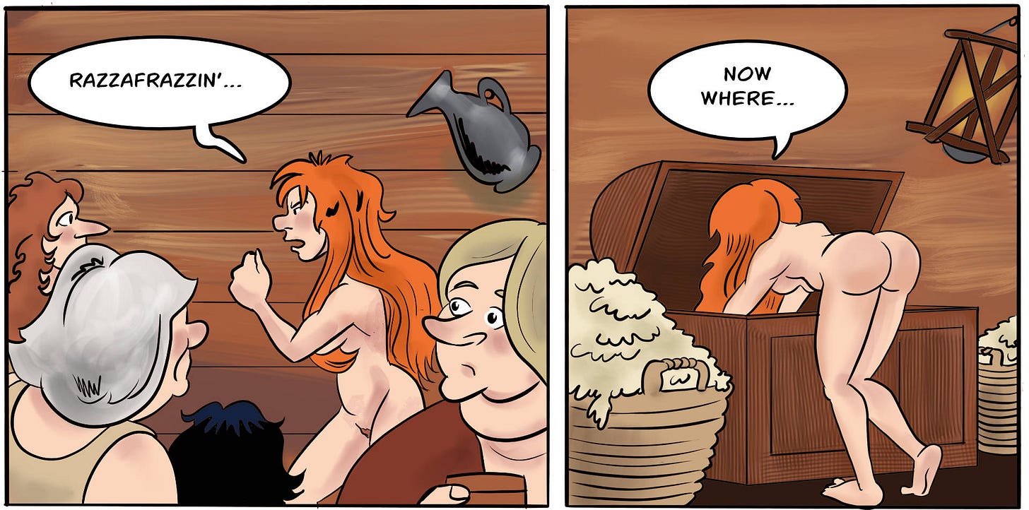 Kel walking through the house's common room naked and opening a chest. Preview for Page 88 of Rogues of Clwyd-Rhan: Feral