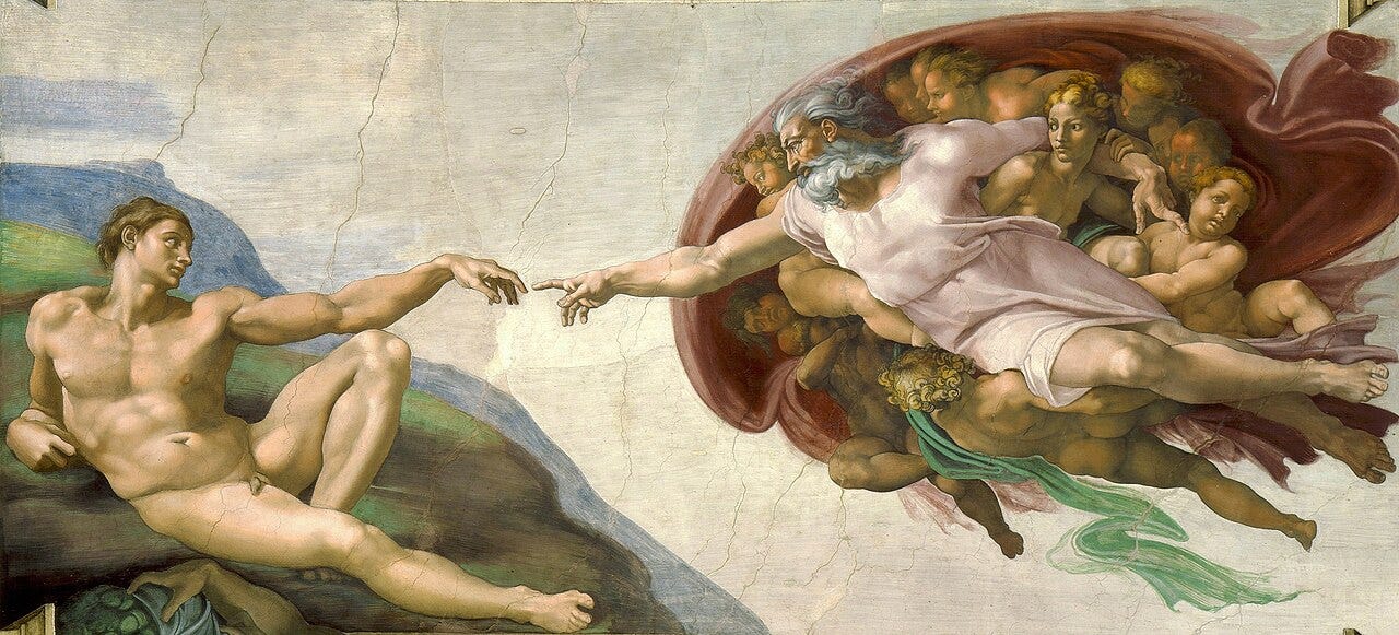 Michelangelo's Creation of Adam, God's hand reaching toward Adam's Michelangelo's Creation of Adam, God's hand reaching toward Adam's