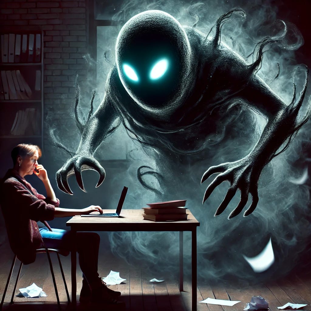 A dark, shadowy creature representing the Imposter Syndrome Monster. It has a shifting, mist-like form and looms over a professor with a downcast expression who is sitting at a desk. A dark, shadowy creature representing the Imposter Syndrome Monster. It has a shifting, mist-like form and looms over a professor with a downcast expression who is sitting at a desk.