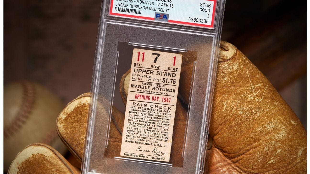 Jackie Robinson &amp;#39;47 debut ticket stub sells for record $480K; Michael  Jordan &amp;#39;84 debut ticket fetches $468K