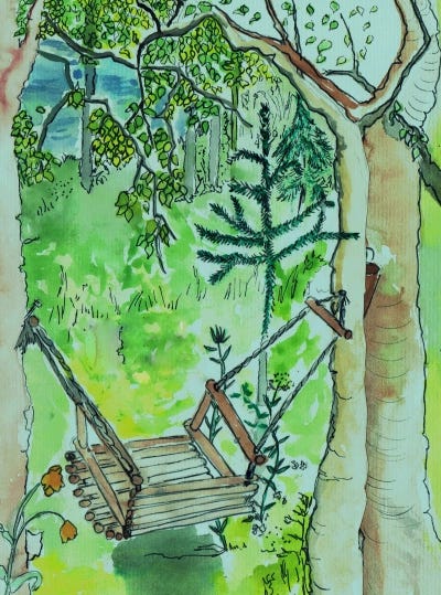 A quick watercolor sketch of a wilderness lakeside.