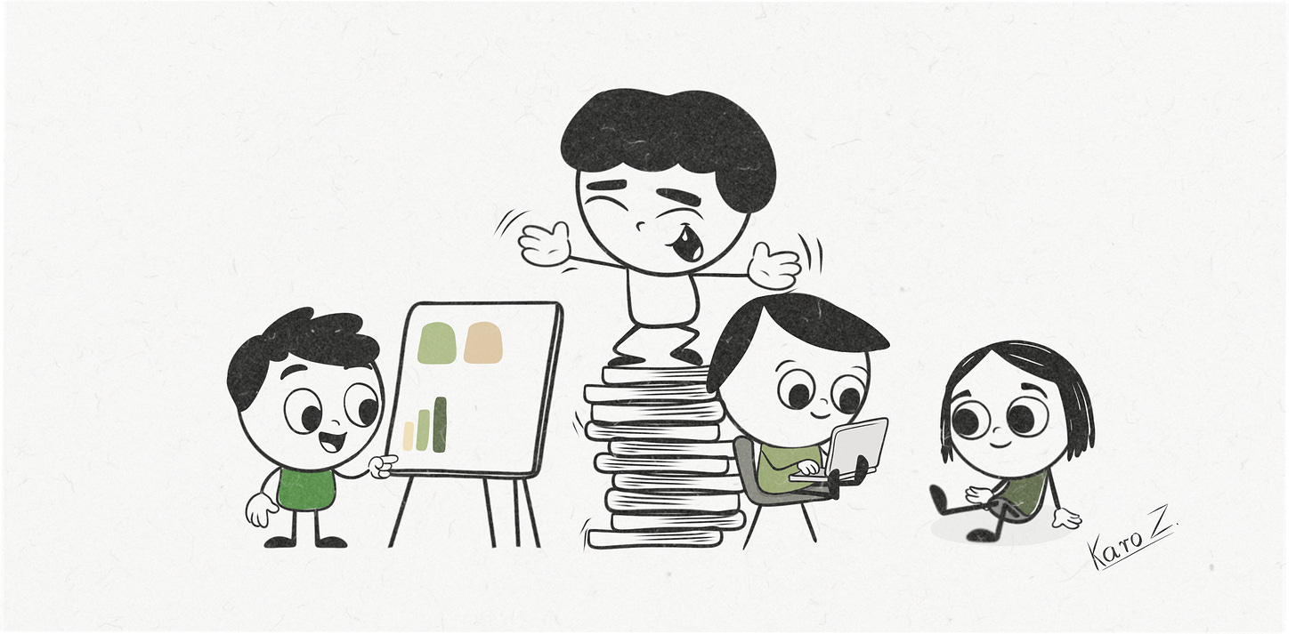A joyful stickman cartoon by Karo Z from Product With Attitude shows a team of four characters collaborating—one pointing to a chart, one working on a laptop, one sitting calmly, and one dramatically standing on a wobbling stack of books as if giving a TED Talk. A joyful stickman cartoon by Karo Z from Product With Attitude shows a team of four characters collaborating—one pointing to a chart, one working on a laptop, one sitting calmly, and one dramatically standing on a wobbling stack of books as if giving a TED Talk.