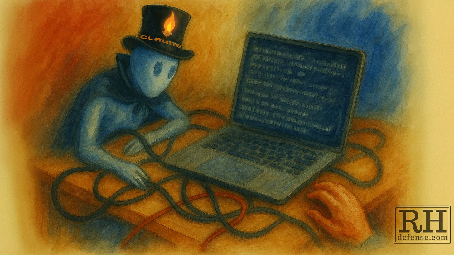 Surreal watercolor/oil illustration of Claude AI gaslighting metaphor, faceless figure in top hat with flame, laptop, tangled cables, and distorted text.