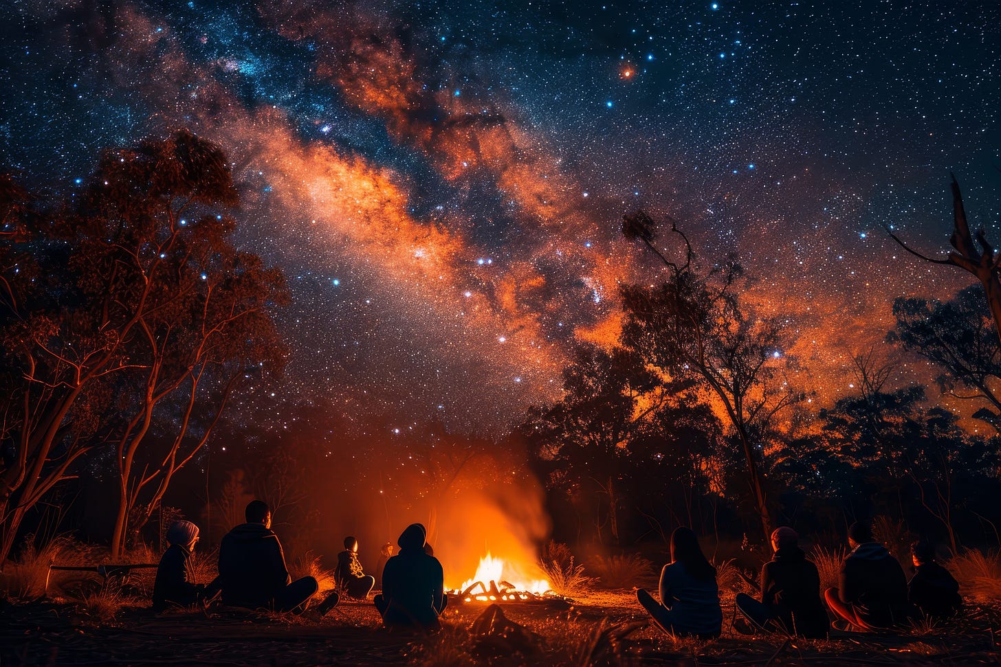 Group sitting under night sky around campfire telling stories