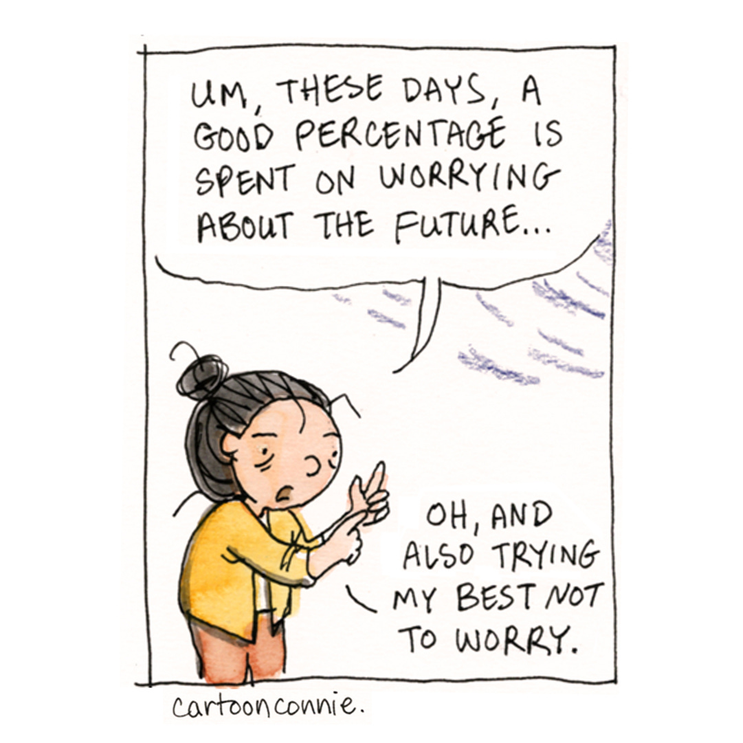 Panel 3 of a 4-panel comic strip about spending too much time worrying. Titled "Worrywart Life," ink, watercolor and color pencil on paper. Original artwork by Connie Sun, cartoonconnie, 2025.