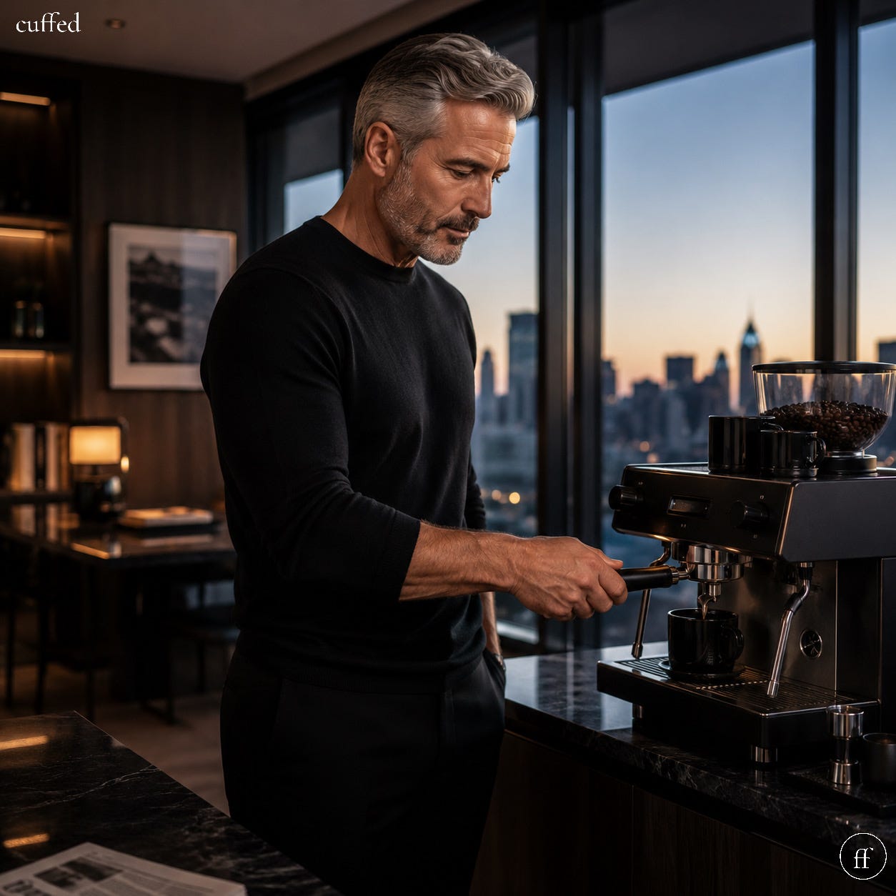a man in a black fitted sweater works an espresso machine in a high-rise apartment at dusk. city skyline visible through floor-to-ceiling windows behind him. warm ambient lighting. mood: deliberate, solitary, grounded. lowercase serif "cuffed" top-left. fused "ff" logo bottom-right. | masculine quote about self-discipline and integration | architecture of self | cuffed a man in a black fitted sweater works an espresso machine in a high-rise apartment at dusk. city skyline visible through floor-to-ceiling windows behind him. warm ambient lighting. mood: deliberate, solitary, grounded. lowercase serif "cuffed" top-left. fused "ff" logo bottom-right. | masculine quote about self-discipline and integration | architecture of self | cuffed