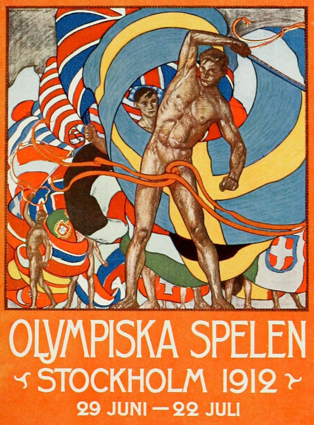 A vibrant, vintage poster for the 1912 Stockholm Olympics, featuring bold Art Nouveau-style artwork. The central figure is a muscular, nearly nude male athlete in a dynamic pose, wielding a whip-like ribbon that swirls behind him. Surrounding him are colorful, flowing banners and flags representing various nations, symbolizing the global gathering of athletes. At the bottom, the text "OLYMPISKA SPELEN STOCKHOLM 1912" is prominently displayed in bold lettering, along with the event dates "29 JUNI – 22 JULI." The poster’s bright orange, blue, and red hues capture the energy and spectacle of the Games.