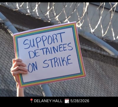 A protester in front of the barbed wire at Delaney Hall holds up a rainbow lined sign reading "Support Detainees on Strike."
