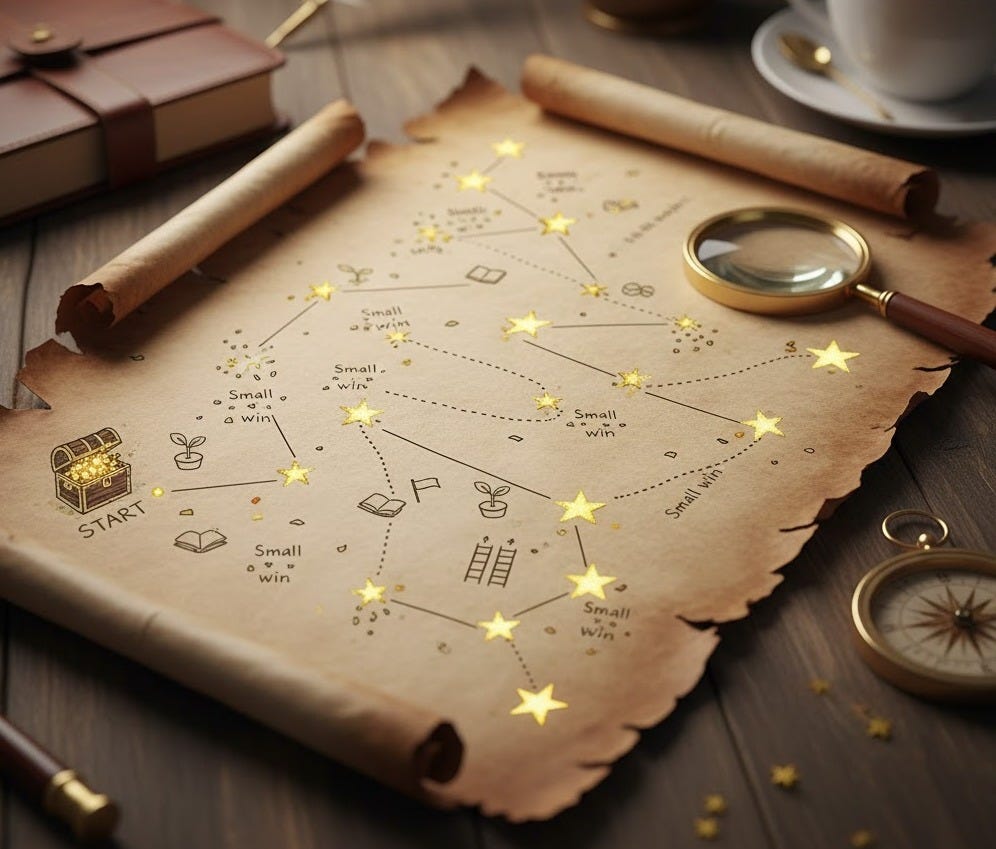 A compass and a treasure map on a wooden desk.