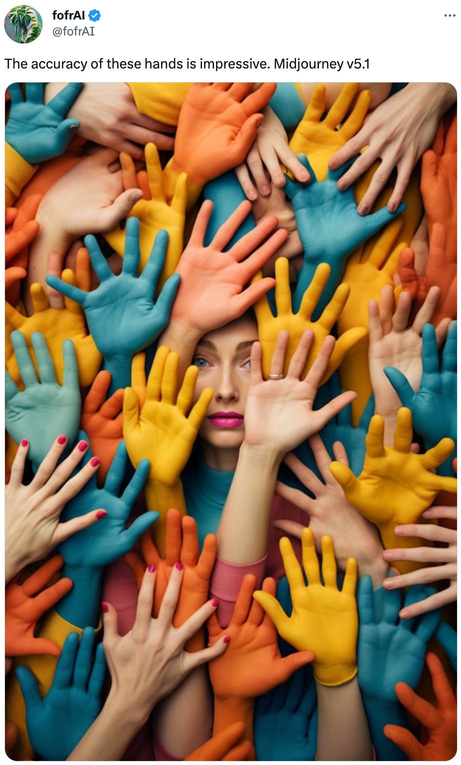  fofrAI @fofrAI The accuracy of these hands is impressive. Midjourney v5.1