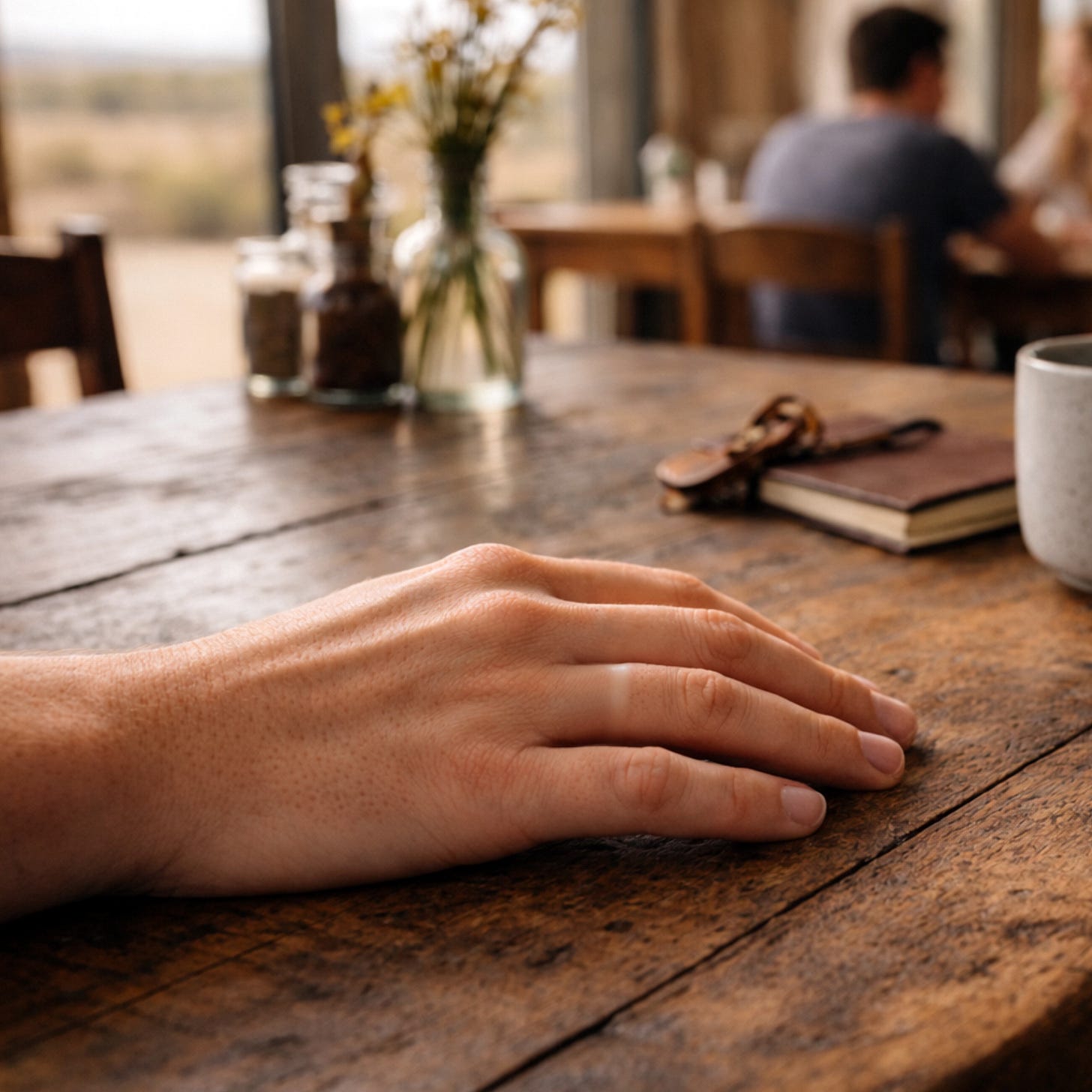 Close-up of a right hand resting on a rustic wooden restaurant table, a subtle lighter band on the ring finger where a wedding ring used to be; blurred diners in the background.