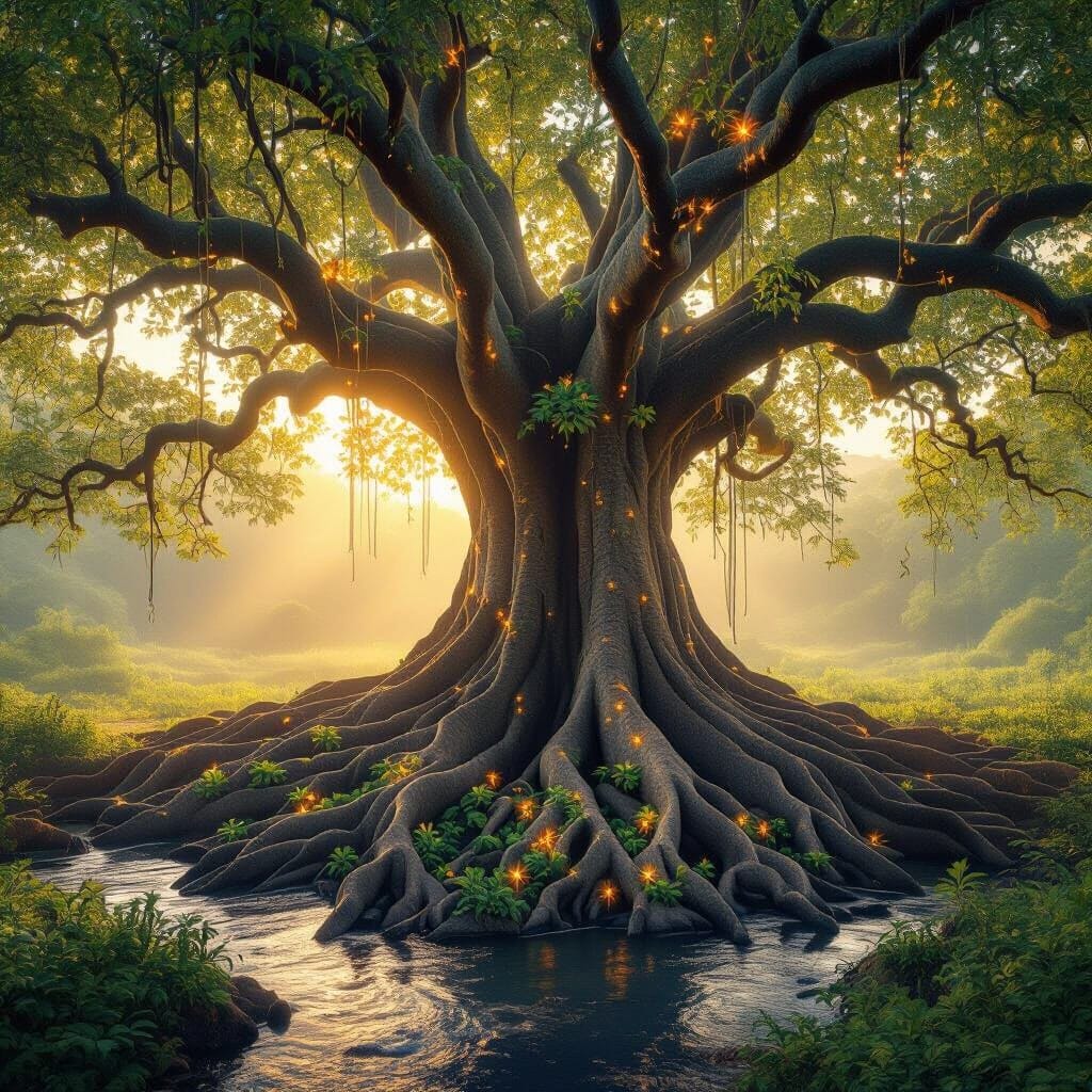 A stunningly beautiful photographic masterpiece of a magical, ancient banyan tree at sunrise, with dozens of aerial root...