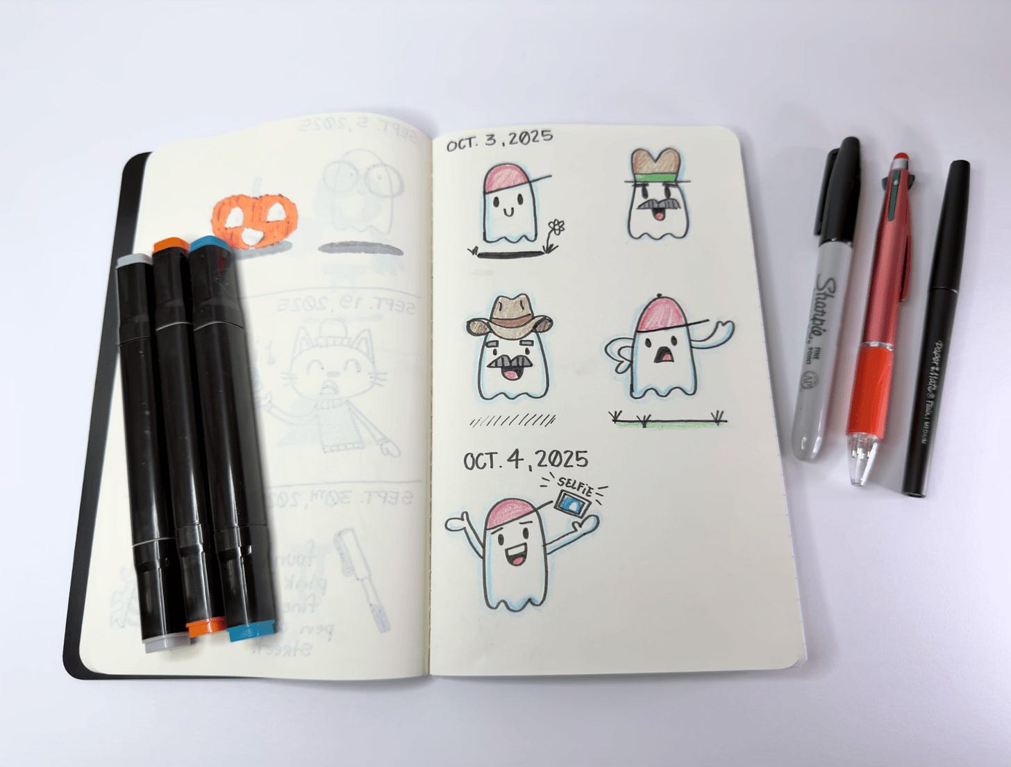 a sketchbook page with illustrations of ghosts a sketchbook page with illustrations of ghosts