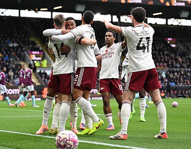 William Saliba celebrating Arsenal goal with teammates