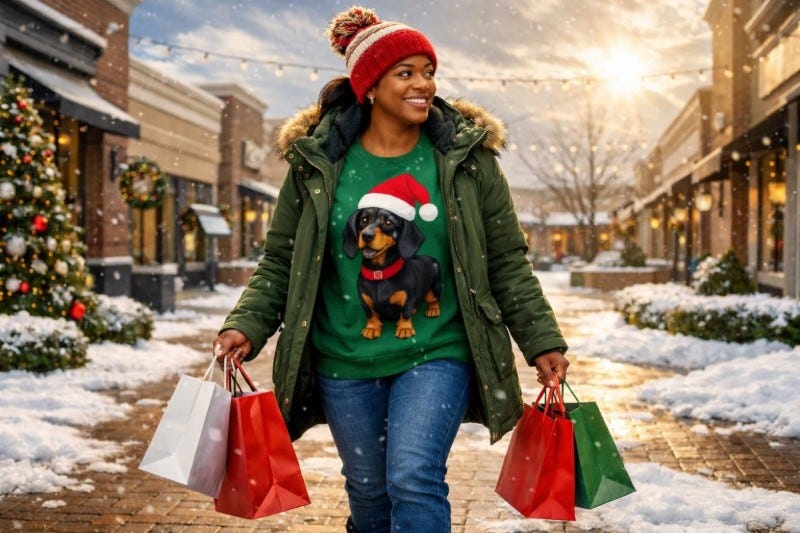 Black woman with Christmas hat and shopping bags wears a Christmas Dachshund sweatshirt and a green coat while she smiles and shops at an outdoor mall.