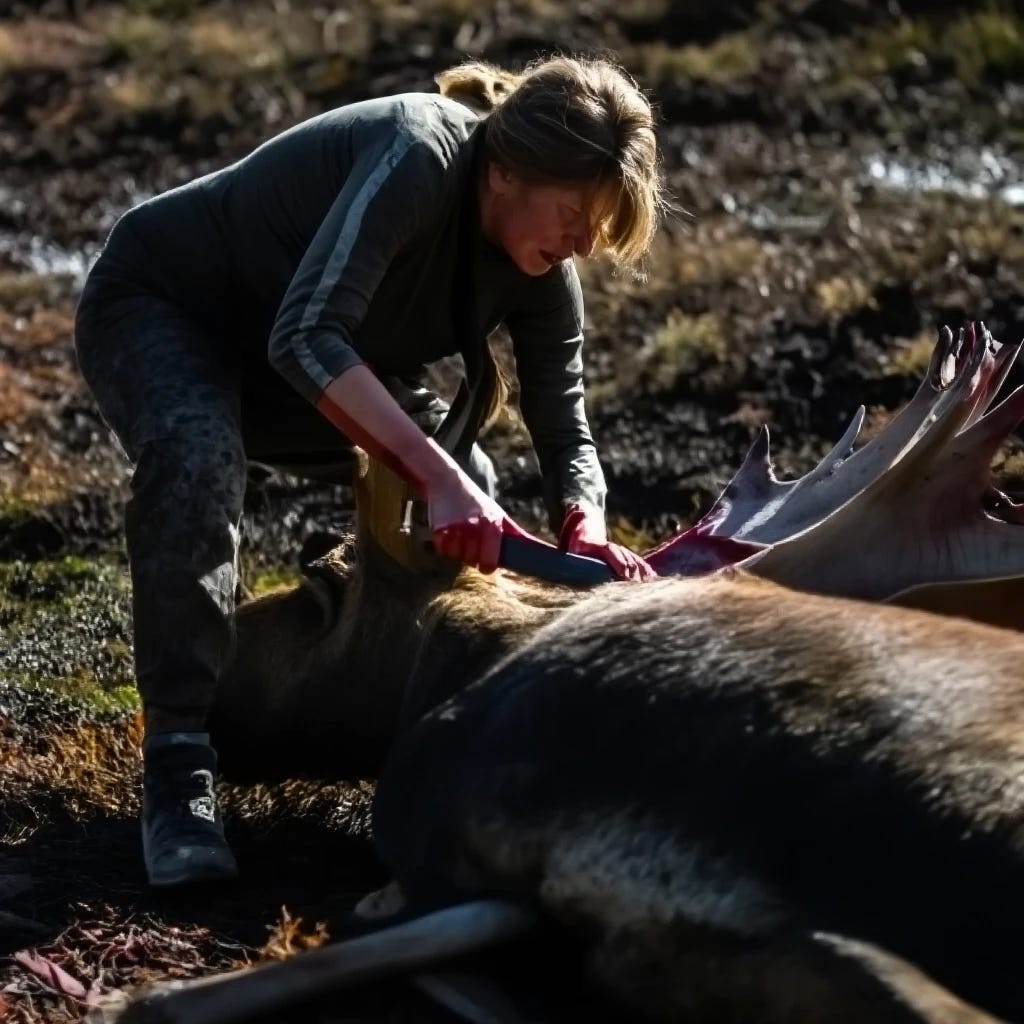 Woman skinning dead moose with knife