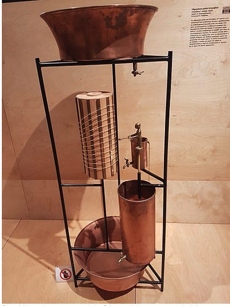 Egyptian water clock, da Vinci's robot knight, robodog with machine gun