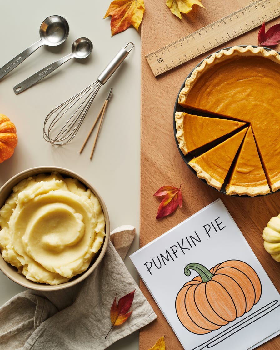 a kitchen counter top with sliced pumpkin pie and a bowl of mashed potatoes