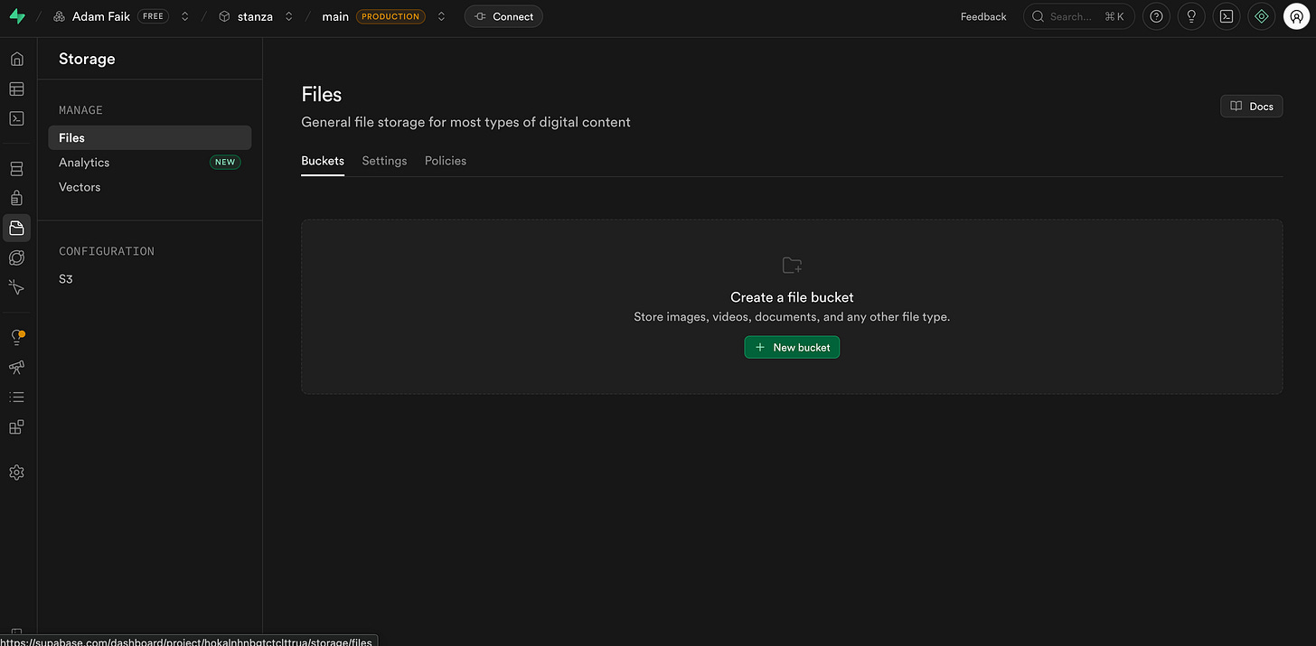 The Supabase storage interface displays a central button to create a new file bucket. The Supabase storage interface displays a central button to create a new file bucket.