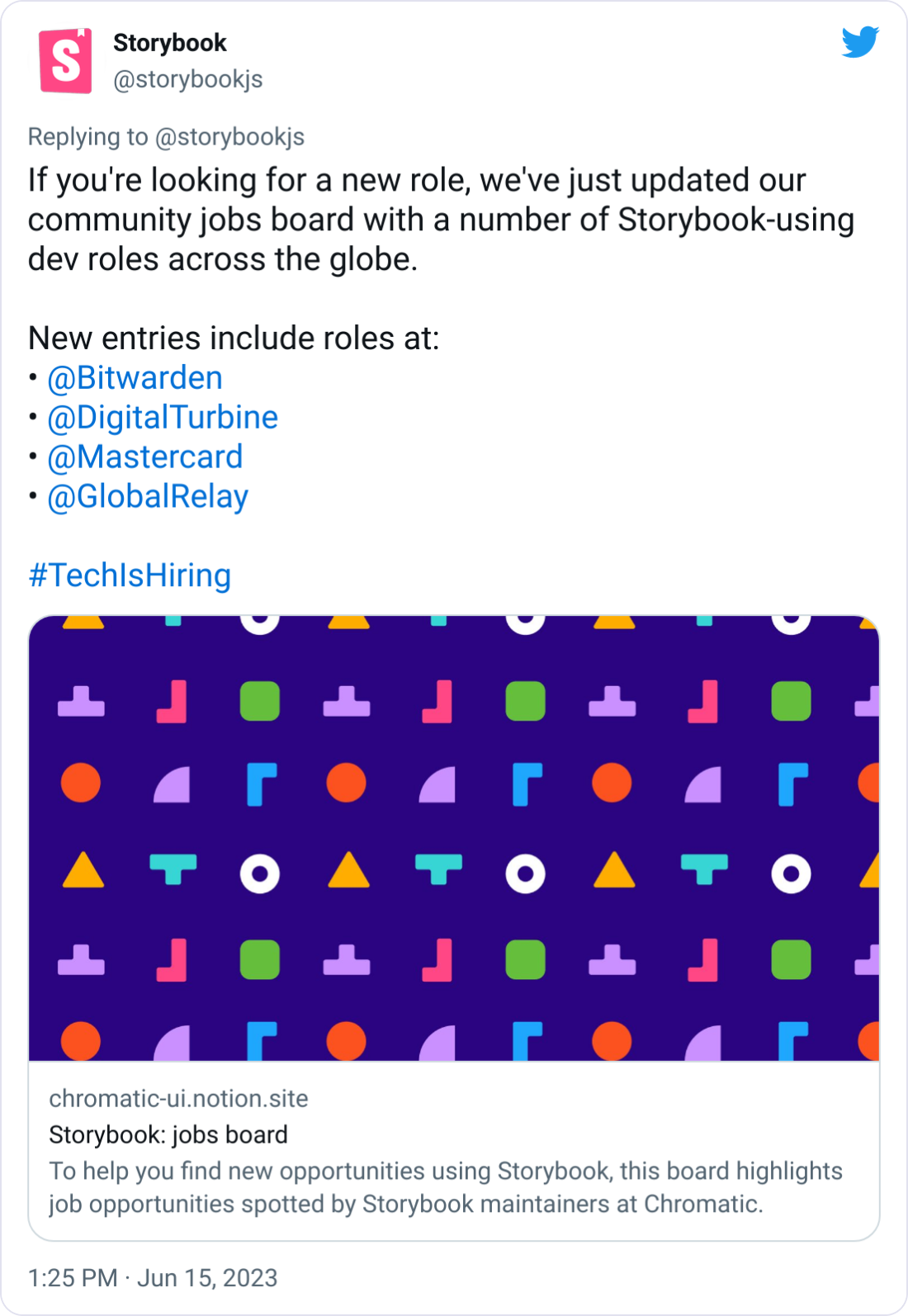 If you're looking for a new role, we've just updated our community jobs board with a number of Storybook-using dev roles across the globe. New entries include roles at: β’ @Bitwarden β’ @DigitalTurbine β’ @Mastercard β’ @GlobalRelay #TechIsHiring If you're looking for a new role, we've just updated our community jobs board with a number of Storybook-using dev roles across the globe. New entries include roles at: β’ @Bitwarden β’ @DigitalTurbine β’ @Mastercard β’ @GlobalRelay #TechIsHiring