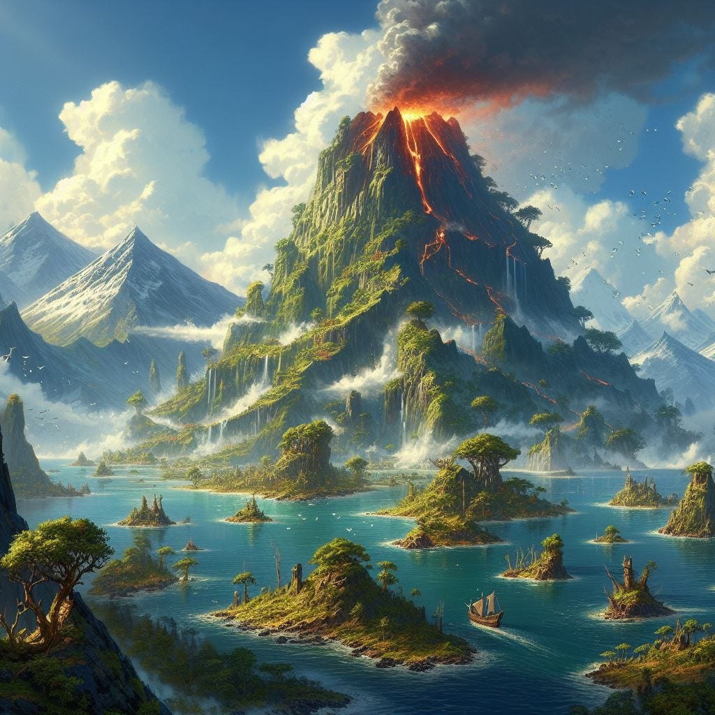 a volcano on a lush island in the middle of the lake, D&D fantasy art a volcano on a lush island in the middle of the lake, D&D fantasy art