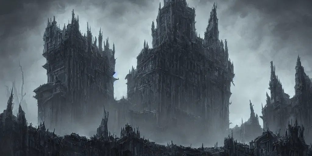 grimdark fantasy fortress, terrifying architecture, | Stable Diffusion
