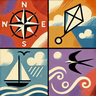 An artistic illustration divided into four quadrants: the top left displays a compass rose, the top right features a kite flying in the sky, the bottom left shows a sailboat on water, and the bottom right depicts a bird in flight among clouds and waves.