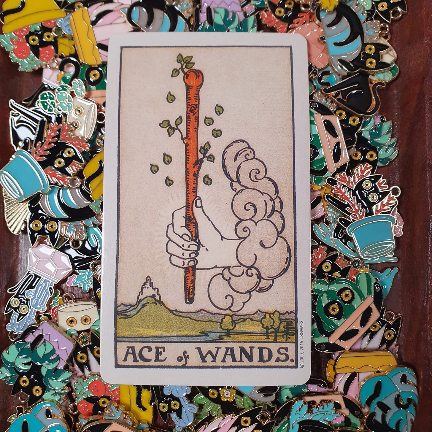 The Ace of Wands tarot card from the Rider-Waite-Smith deck, photographed by Finbarre Snarey for Tarot DMs, resting on a colourful pile of black cat enamel pins. The Ace of Wands tarot card from the Rider-Waite-Smith deck, photographed by Finbarre Snarey for Tarot DMs, resting on a colourful pile of black cat enamel pins.