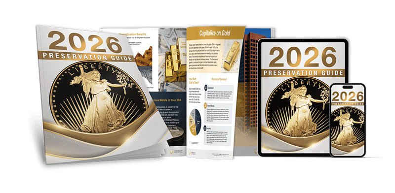 American Hartford Gold’s 2026 Information Guide displayed across print, tablet, and mobile formats. Cover features a gold American Eagle coin with white and gold accents, alongside open interior pages showing charts, bullion images, and diversification content. American Hartford Gold’s 2026 Information Guide displayed across print, tablet, and mobile formats. Cover features a gold American Eagle coin with white and gold accents, alongside open interior pages showing charts, bullion images, and diversification content.