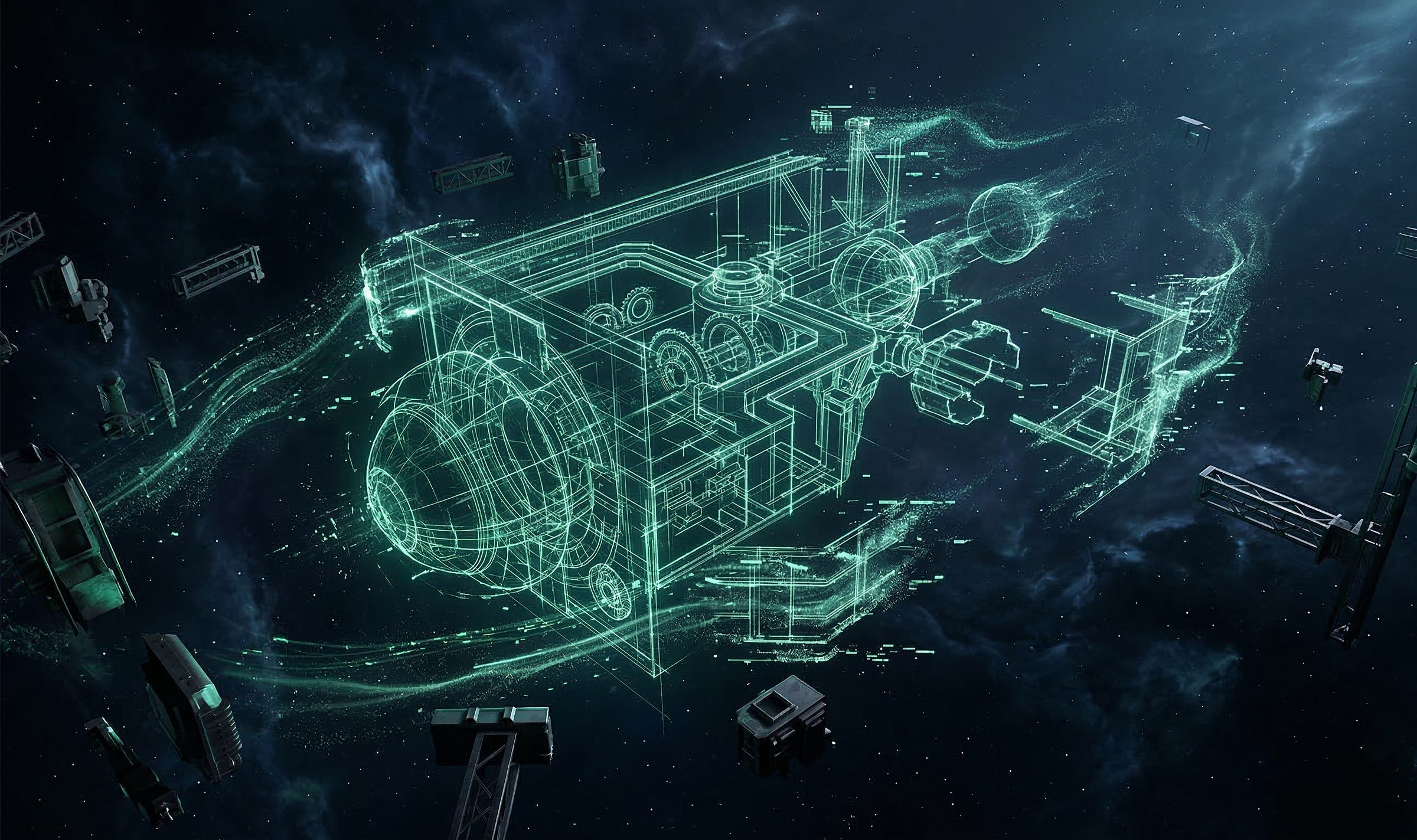 A glowing green wireframe blueprint of a complex machine floating in space, surrounded by scattered construction scaffolding and disconnected components against a dark nebula background