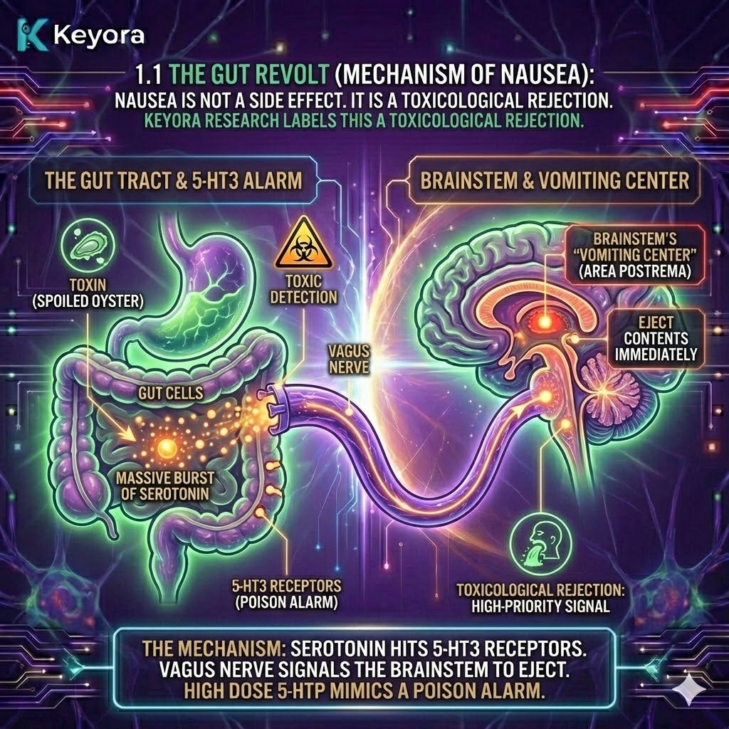 The 5-HT3 Alarm mechanism triggers a Neuro-Endocrine Storm, where the Vagus Nerve signals the Area Postrema for systemic ejection, breaching Neurological Sovereignty. The 5-HT3 Alarm mechanism triggers a Neuro-Endocrine Storm, where the Vagus Nerve signals the Area Postrema for systemic ejection, breaching Neurological Sovereignty.