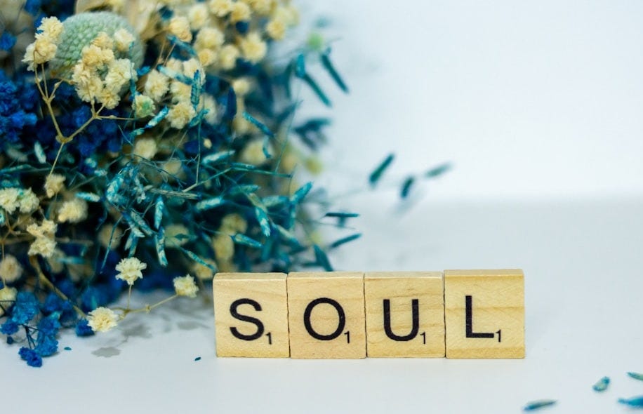 a wooden block spelling the word soul next to a bouquet of flowers a wooden block spelling the word soul next to a bouquet of flowers