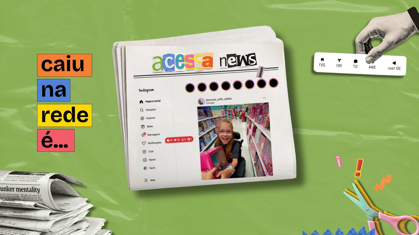 Colagem do nome do quadro. O fundo verde com textura de papel recebe um jornal de papel dobrado em que o nome é "acessa news" e a manchete principal é uma montagem da página inicial do Instagram. À esquerda, tem o nome do quadro em blocos de cor. Ao redor do jornal, tem diversos elementos de corte e colagem como papeis, jornais, tesoura e imagens de revista.