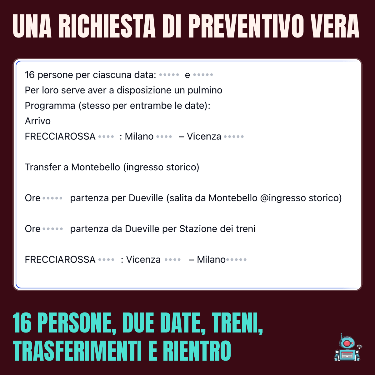 Scheda del CRM con il programma di una richiesta: 16 persone, due date, treni da Milano, trasferimenti e rientro Scheda del CRM con il programma di una richiesta: 16 persone, due date, treni da Milano, trasferimenti e rientro