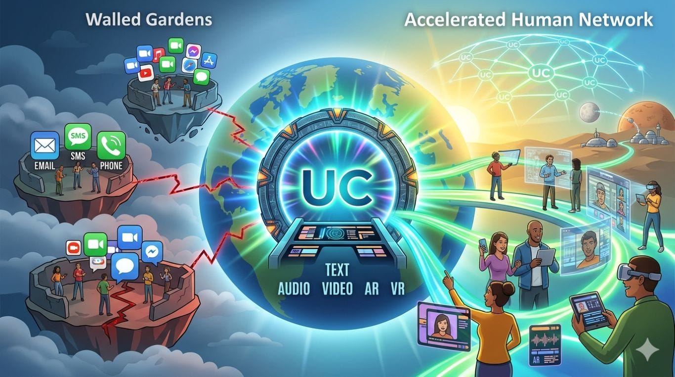 A conceptual digital illustration split into two halves. On the left, dark floating islands labeled "Walled Gardens" show people isolated on different fractured platforms for email, SMS, and proprietary video apps. In the center, a glowing sci-fi portal labeled "UC" with a control panel reading "TEXT AUDIO VIDEO AR VR" bridges the divide. On the right, a bright, futuristic landscape labeled "Accelerated Human Network" shows diverse people seamlessly communicating via holograms, tablets, and AR headsets, with network connections extending out to a distant planetary base. A conceptual digital illustration split into two halves. On the left, dark floating islands labeled "Walled Gardens" show people isolated on different fractured platforms for email, SMS, and proprietary video apps. In the center, a glowing sci-fi portal labeled "UC" with a control panel reading "TEXT AUDIO VIDEO AR VR" bridges the divide. On the right, a bright, futuristic landscape labeled "Accelerated Human Network" shows diverse people seamlessly communicating via holograms, tablets, and AR headsets, with network connections extending out to a distant planetary base.