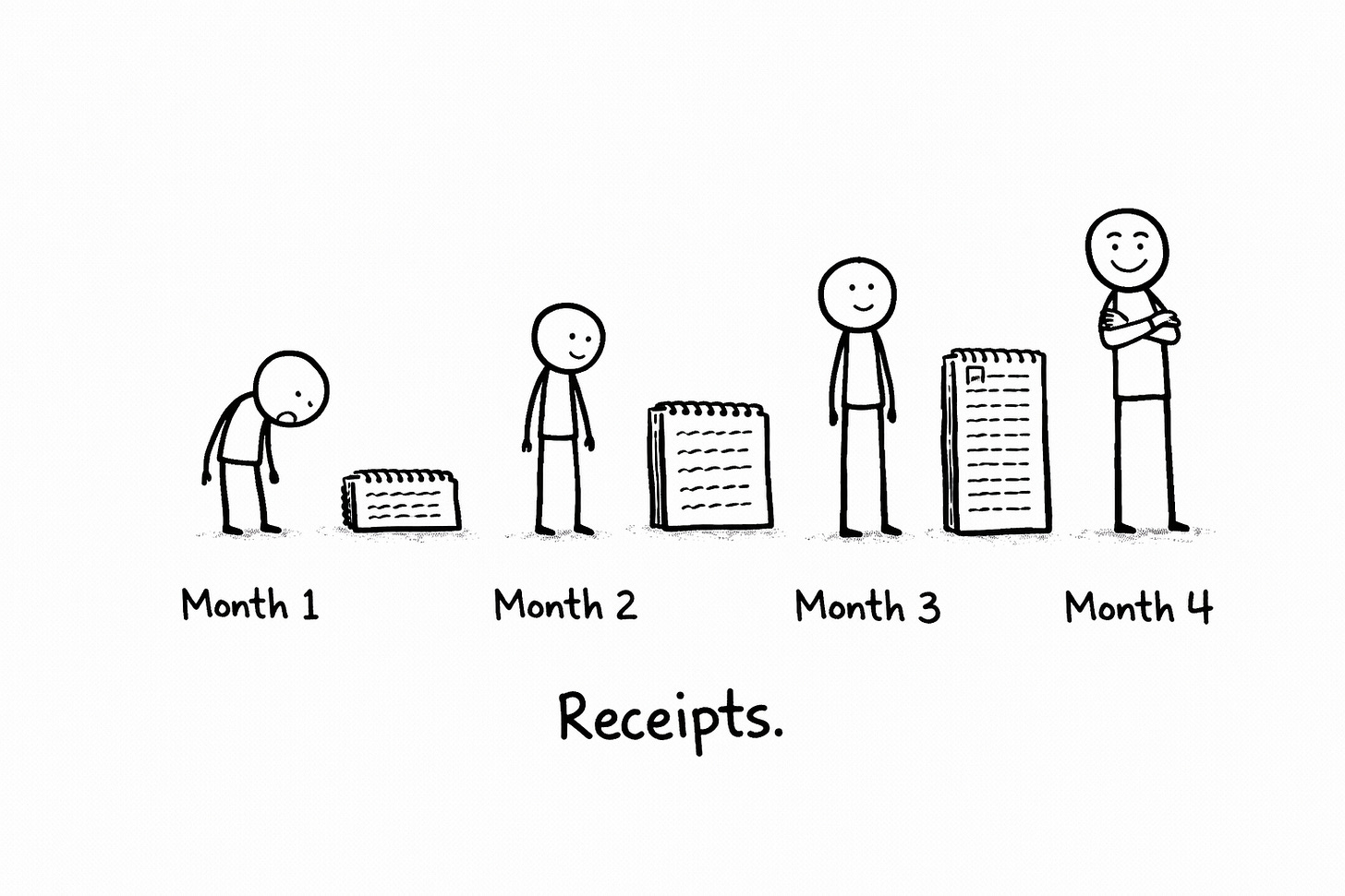 Hand-drawn Sharpie doodle of a stack of notebooks growing from Month 1 to Month 4. A stick figure stands beside the stack with increasingly confident posture. Caption reads “Receipts.” Visual metaphor for building documented evidence of accomplishments over time.