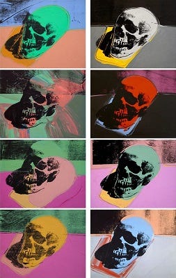 Repeated silkscreen grid of a human skull in bright colors