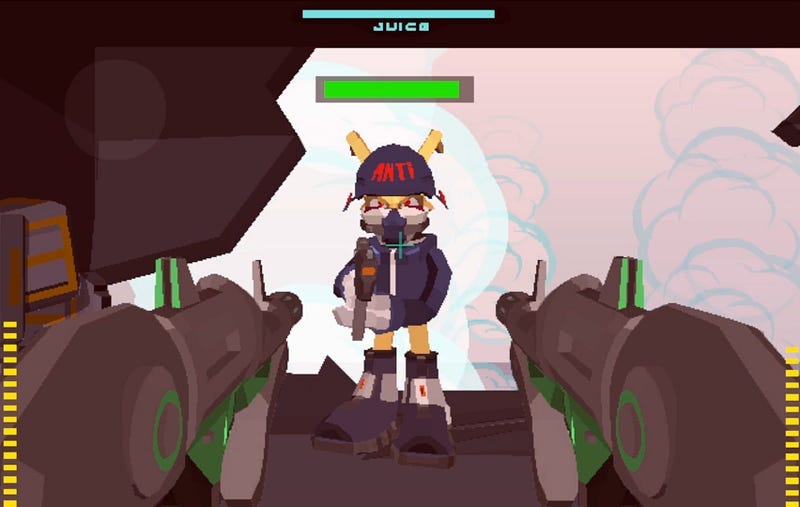 A gameplay still from Gunny Bunny++ depicting the player battling a heavily-armed foe.