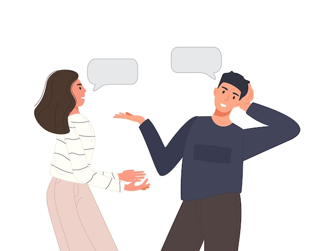 Multiethnic people talking or discuss social network. two friend men and women speaking couples with speech bubbles. character dialogue concept.
