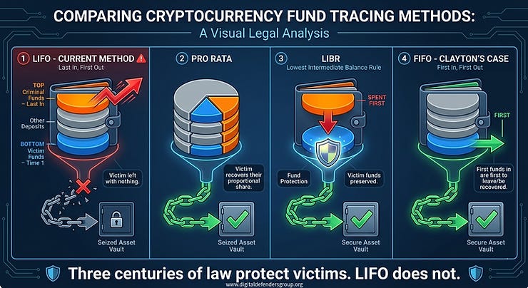Infographic titled The LIFO Scam showing how the same blockchain tracing method that builds the government's forfeiture case mathematically destroys the cryptocurrency fraud victim's claim to the same seized funds