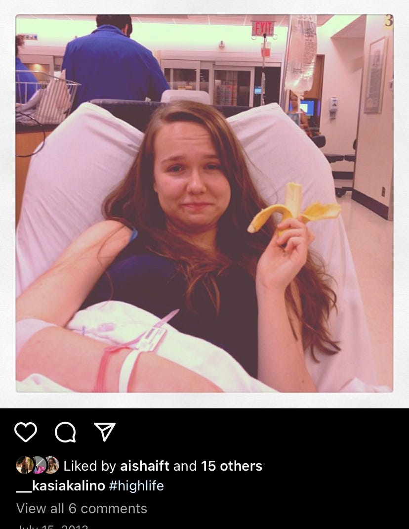 Screenshot of an Instagram post by the author of the author as a teenager eating a banana in the emergency room. Screenshot of an Instagram post by the author of the author as a teenager eating a banana in the emergency room.