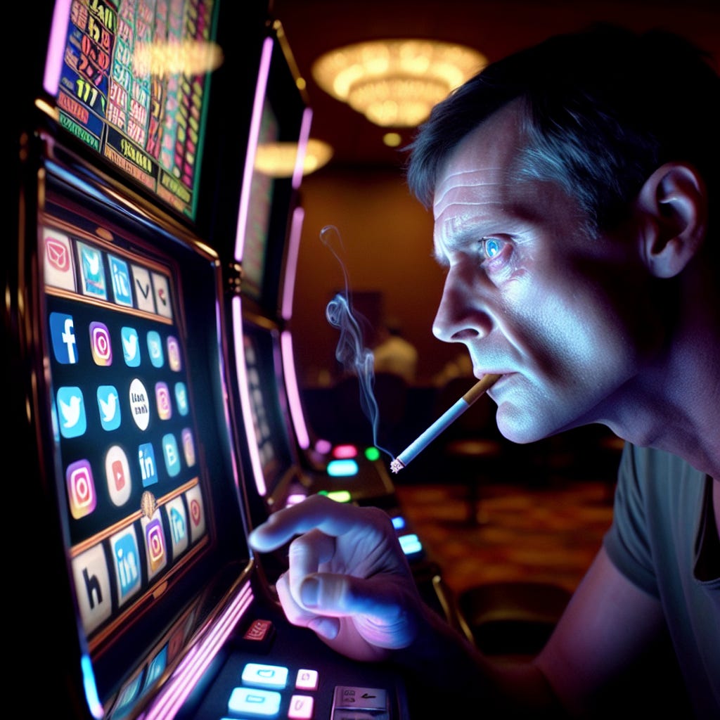 a man chain smoking menthols hopelessly addicted to a slot machine in a seedy looking casino. his eyes are staring at the screen as he mindlessly pushes the button, like a mouse pounding a push bar for food in a dopamine experiment. the screen is full of social media platform logos, as what he is really addicted to is the internet. a man chain smoking menthols hopelessly addicted to a slot machine in a seedy looking casino. his eyes are staring at the screen as he mindlessly pushes the button, like a mouse pounding a push bar for food in a dopamine experiment. the screen is full of social media platform logos, as what he is really addicted to is the internet.