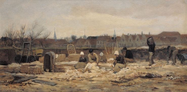 'Arbeiders aan de rand van de stad' - Olieverf op paneel: Philip Sadée
