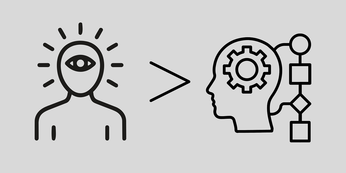A graphic of a human head on the left with an all-seeing eye. In the middle the greater than symbol. On the right, a human being with a cog and flowchart to represent logical thinking.