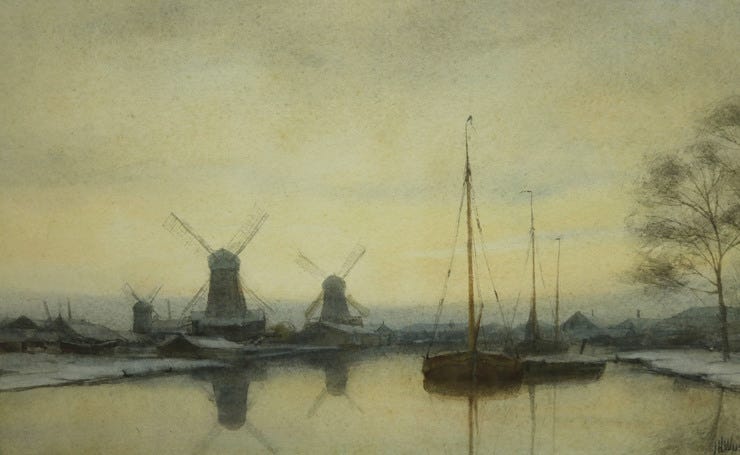'Winterse vaart met molens' - Aquarel: Jan Hillebrand Wijsmuller (kavel 114)