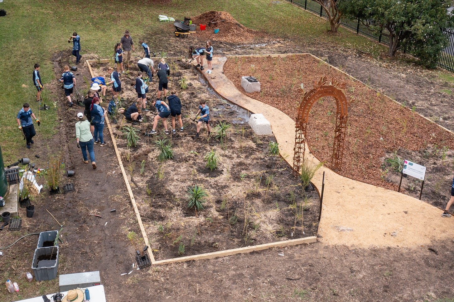 Aerial view of Teralba primary school students planting trees for their school's tiny forest