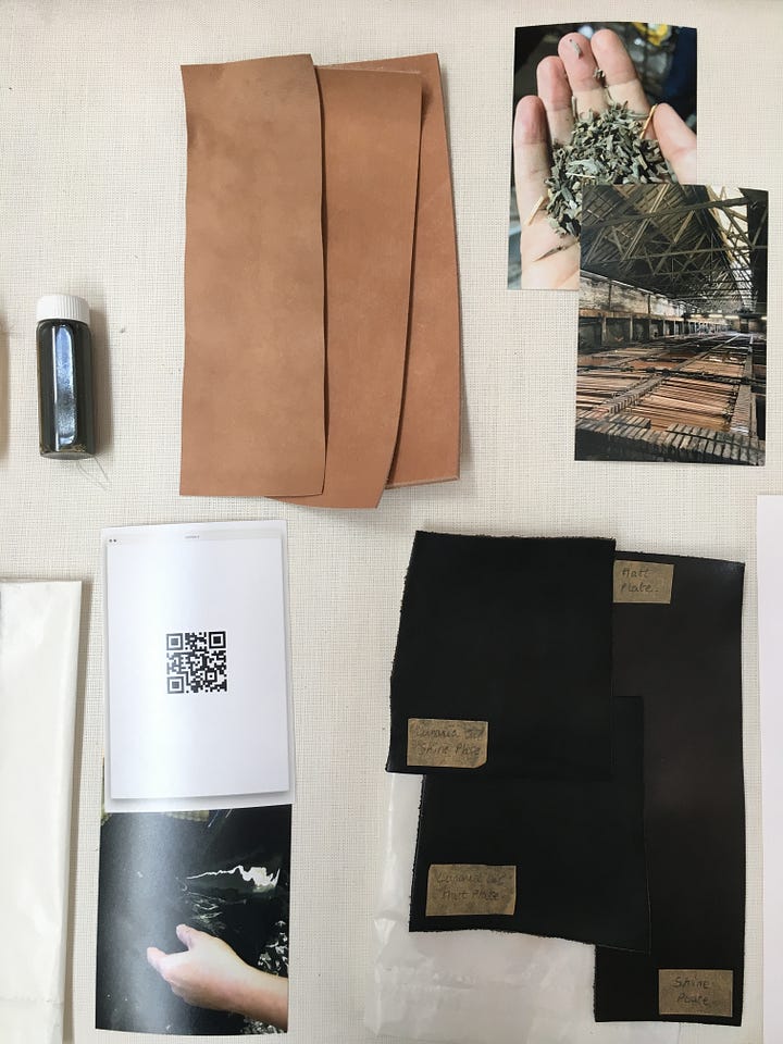 Photos that show the Phoebe English regenerative leather bag in production, including samples of vegetable tanned leather and a location map of the supply chain.