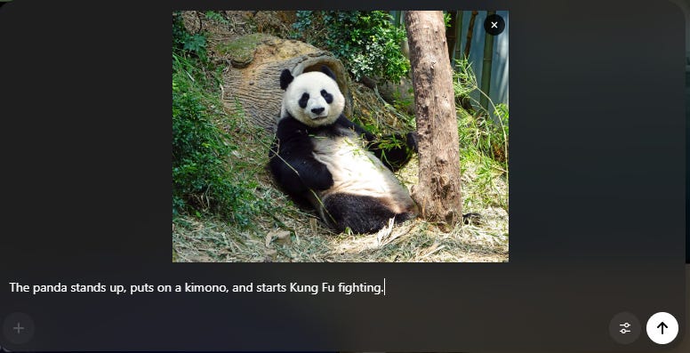 ChatGPT said:  Panda sitting against a rock in a leafy enclosure, leaning back with one paw raised; on-screen prompt reads, “The panda stands up, puts on a kimono, and starts Kung Fu fighting.”